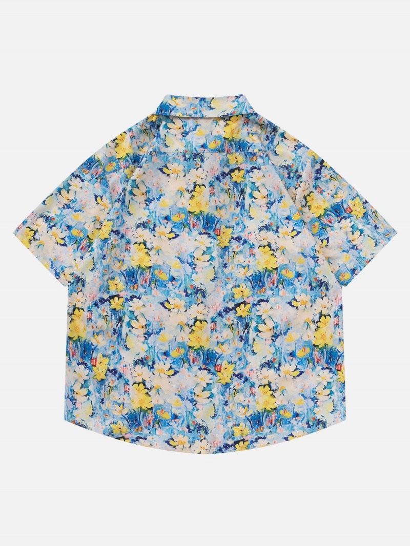 Chemise à Manches Courtes Aelfric Eden Vintage Small Daisy Oil Painting Doodle Print Bleu | IIX-23418674